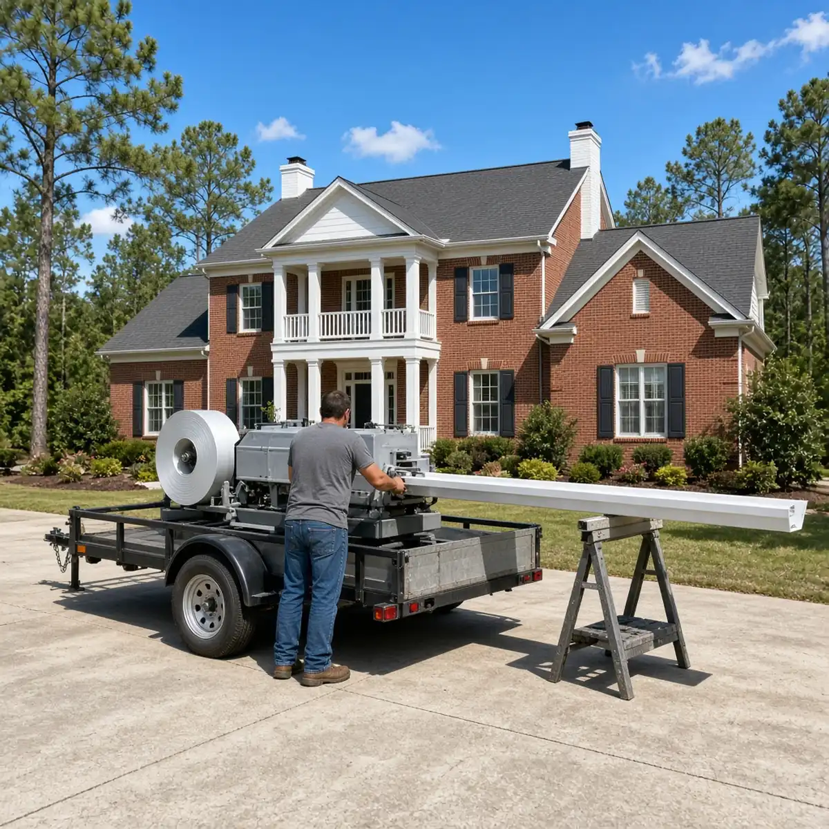 Seamless gutter forming machine on site in Newnan GA